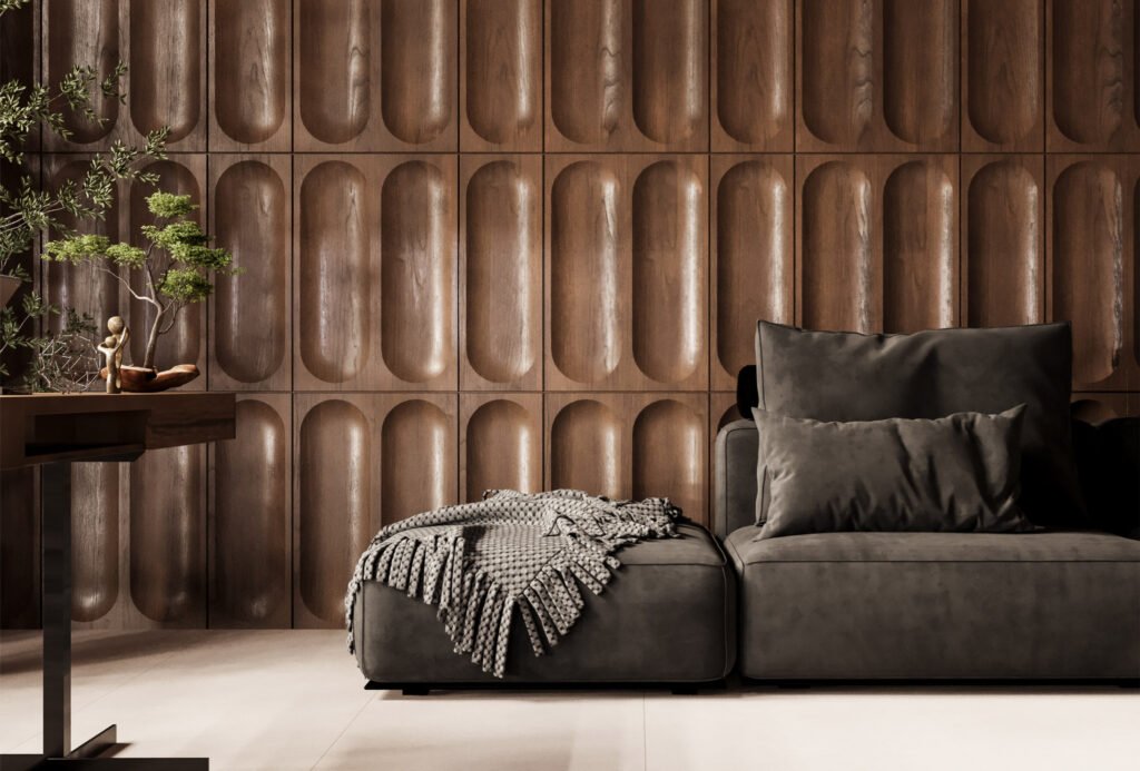 Dark modern sofa with wood panel wall and gray throw in Antwerp studio